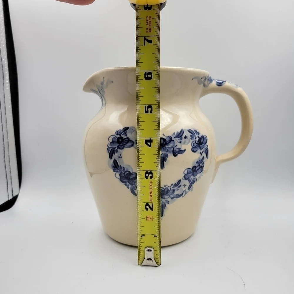 Vintage Ellis Prod Pottery Marshall TX Hand Painted & Signed Blue Heart Pitcher